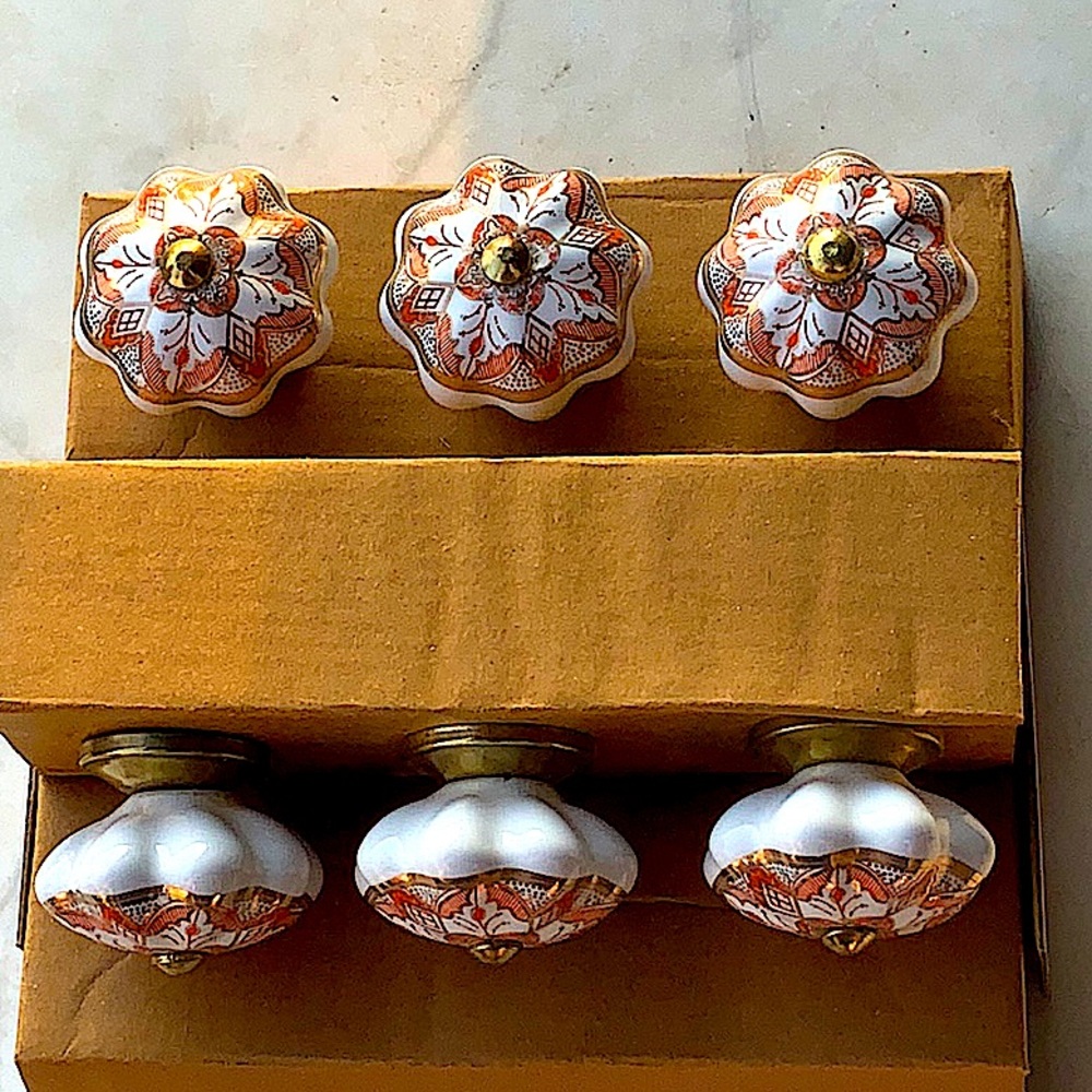 MAISON BLUE DRAWER KNOBS SET OF 6 PERSIMMON GOLD PORCELAIN